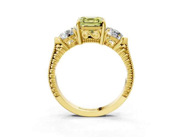 Yellow Gold Asscher Cut Vintage Three Stone Engagement Ring Setting for Fancy Yellow Center