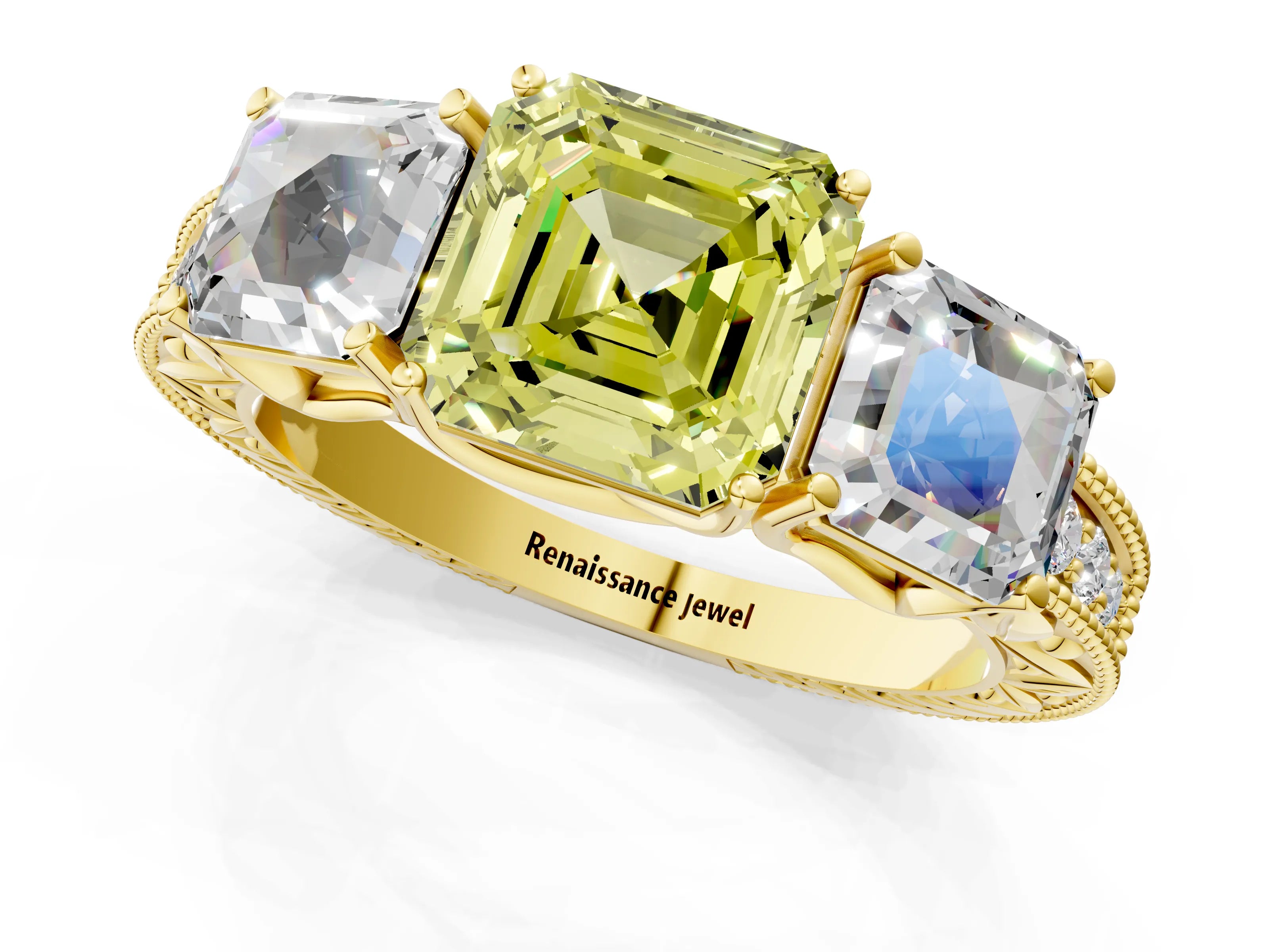 Yellow gold Three-Stone Fancy Yellow Asscher Cut Cut Milgrain Pavé Engagement Ring_1