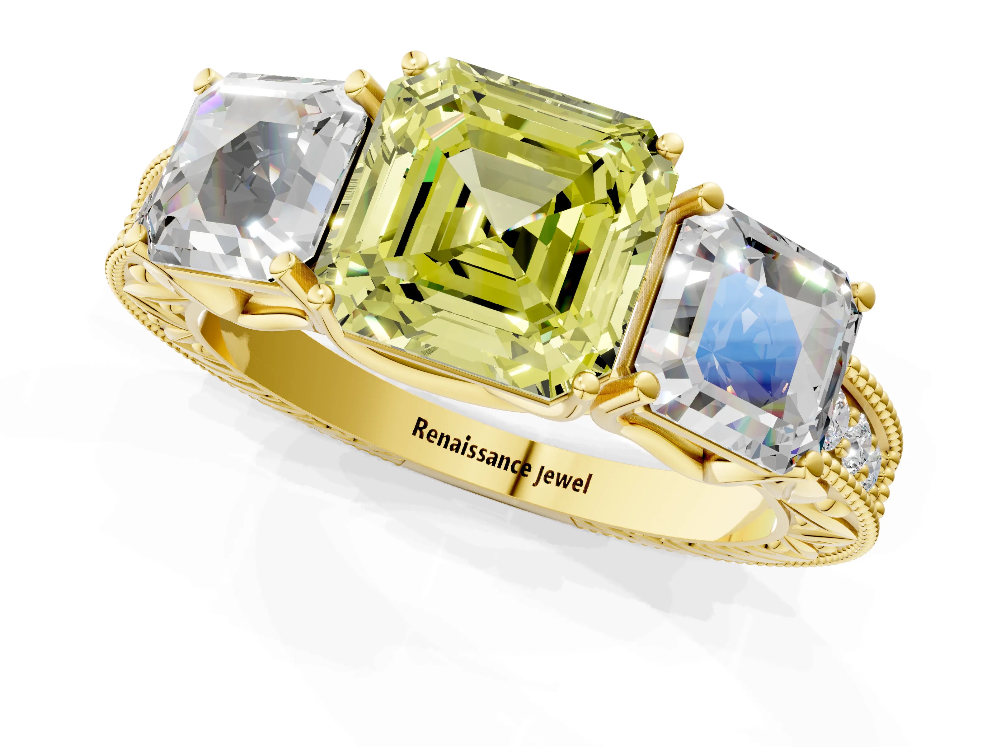 Yellow gold Three-Stone Fancy Yellow Asscher Cut Cut Milgrain Pavé Engagement Ring_13