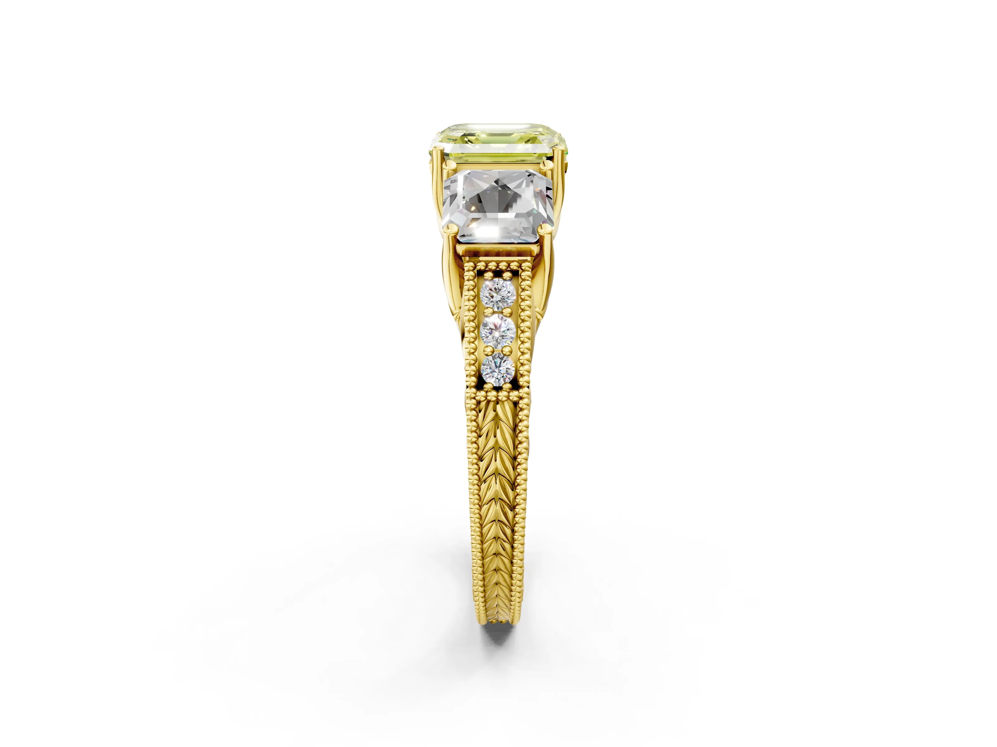 Yellow gold Three-Stone Fancy Yellow Asscher Cut Cut Milgrain Pavé Engagement Ring_14
