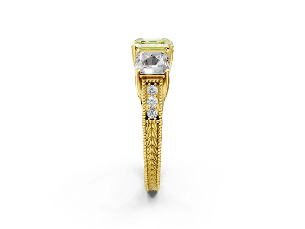 Yellow Gold Asscher Cut Engraved Three Stone Engagement Ring Setting for Fancy Yellow Center