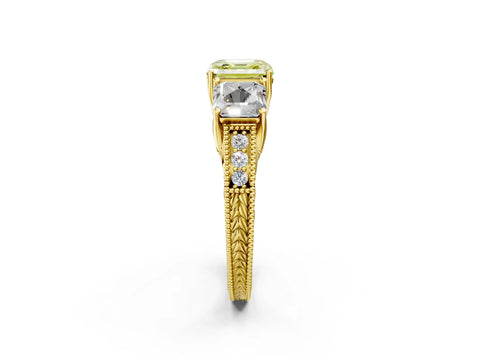 Yellow gold Three-Stone Fancy Yellow Asscher Cut Cut Milgrain Pavé Engagement Ring_14