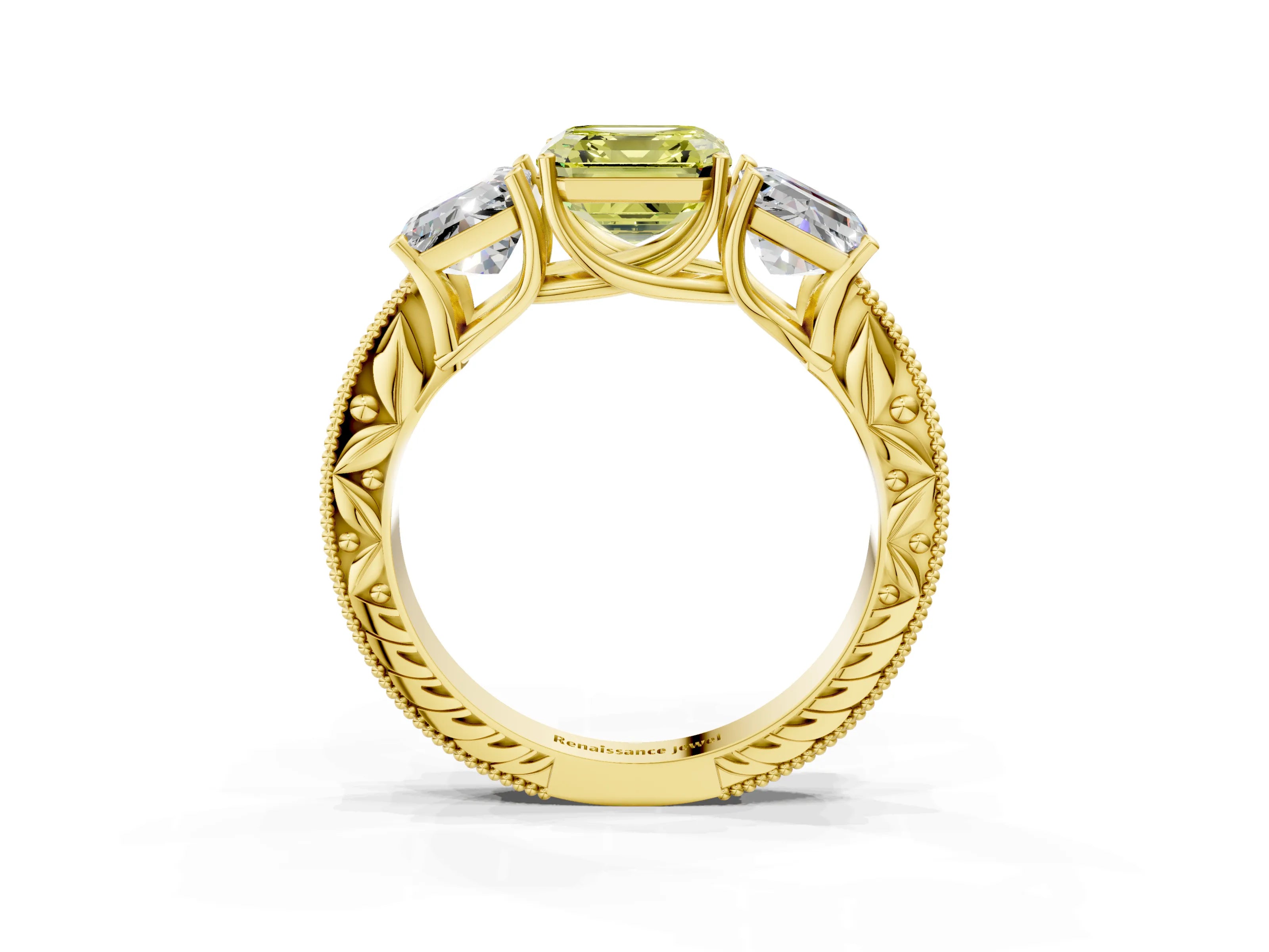 Yellow gold Three-Stone Fancy Yellow Asscher Cut Cut Milgrain Pavé Engagement Ring_15