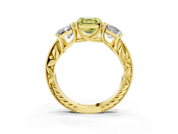 Yellow Gold Asscher Cut Engraved Three Stone Engagement Ring Setting for Fancy Yellow Center