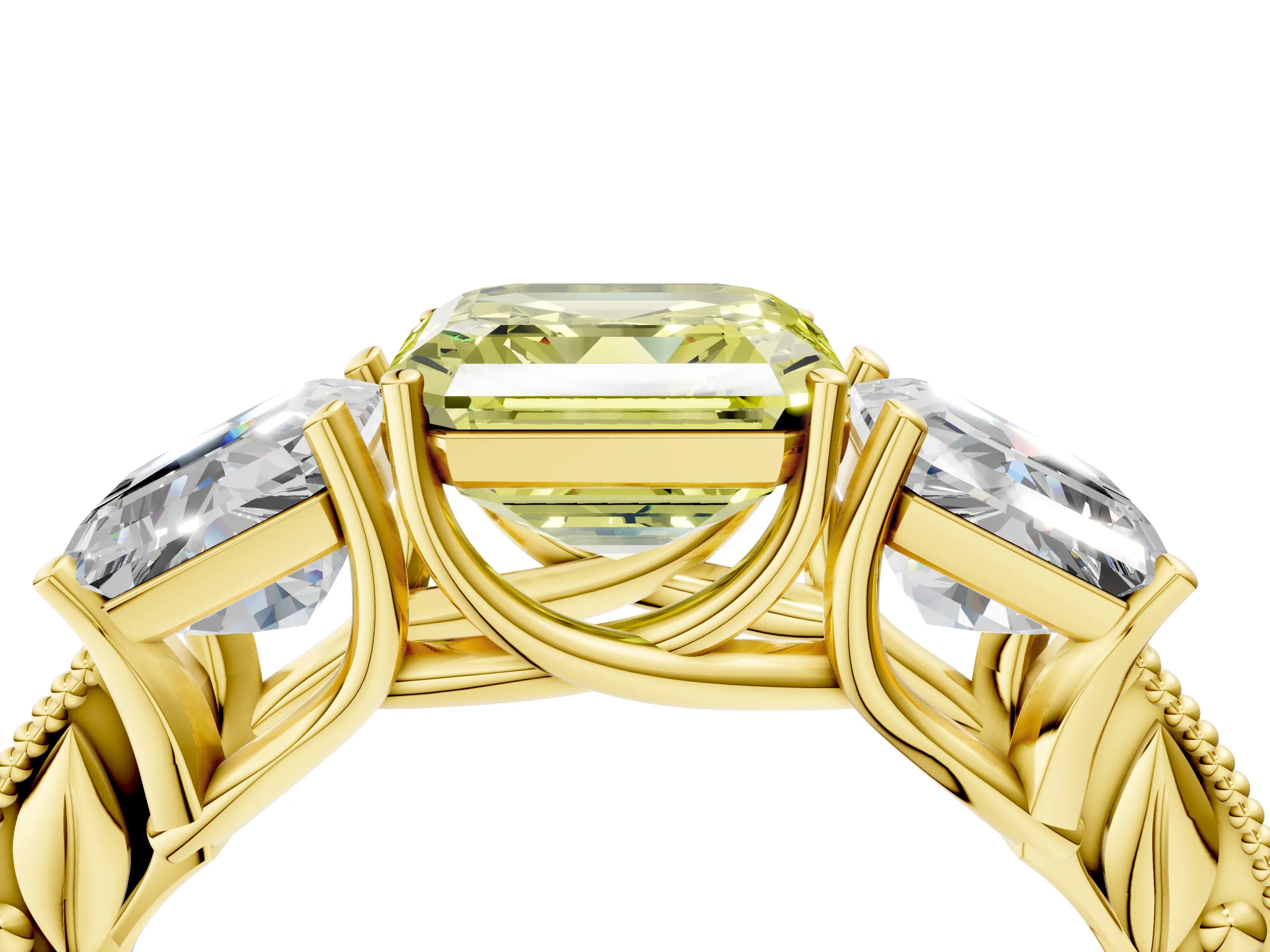 Yellow gold Three-Stone Fancy Yellow Asscher Cut Cut Milgrain Pavé Engagement Ring_16