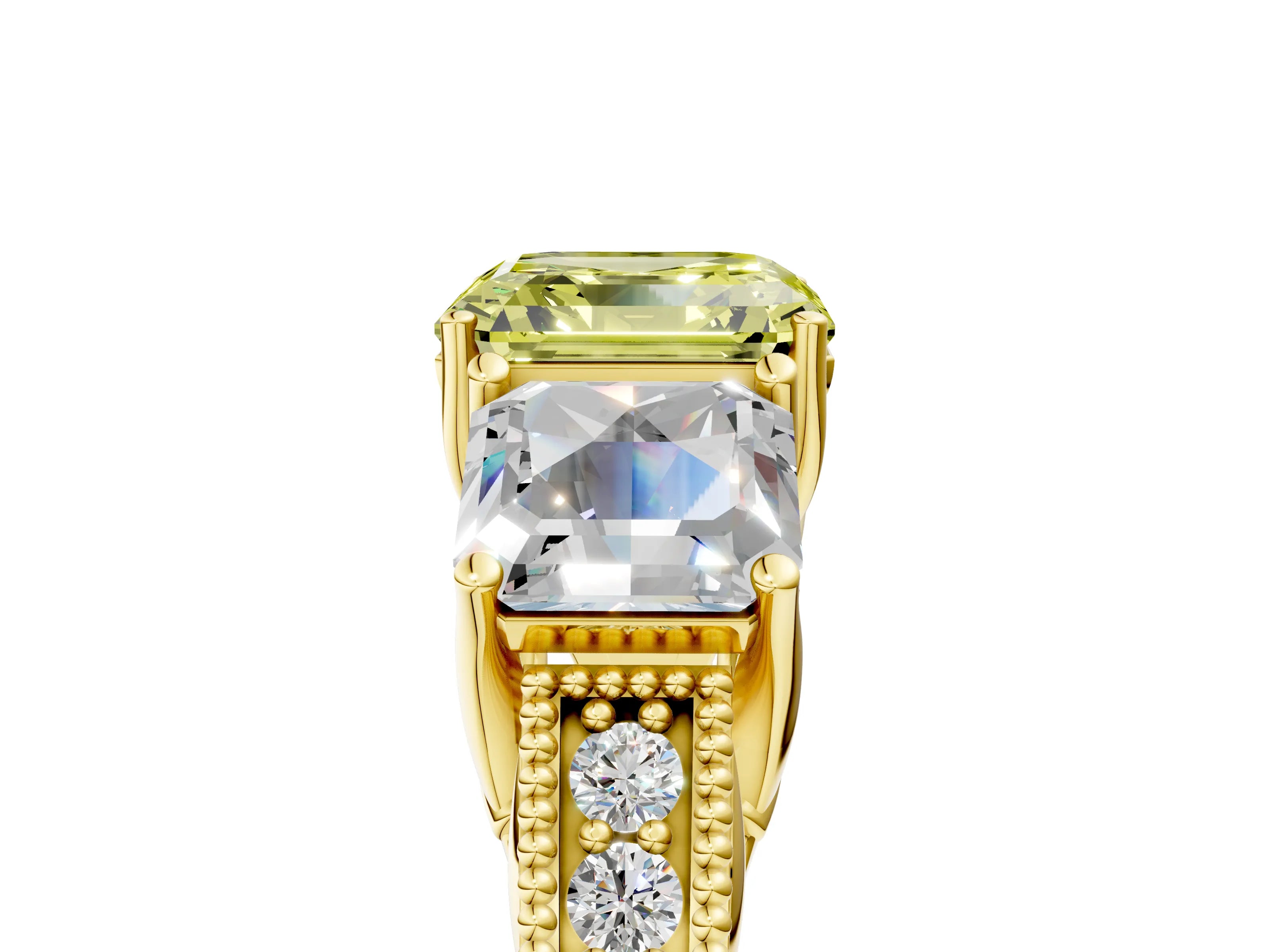 Yellow gold Three-Stone Fancy Yellow Asscher Cut Cut Milgrain Pavé Engagement Ring_17