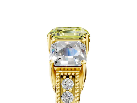 Yellow gold Three-Stone Fancy Yellow Asscher Cut Cut Milgrain Pavé Engagement Ring_17
