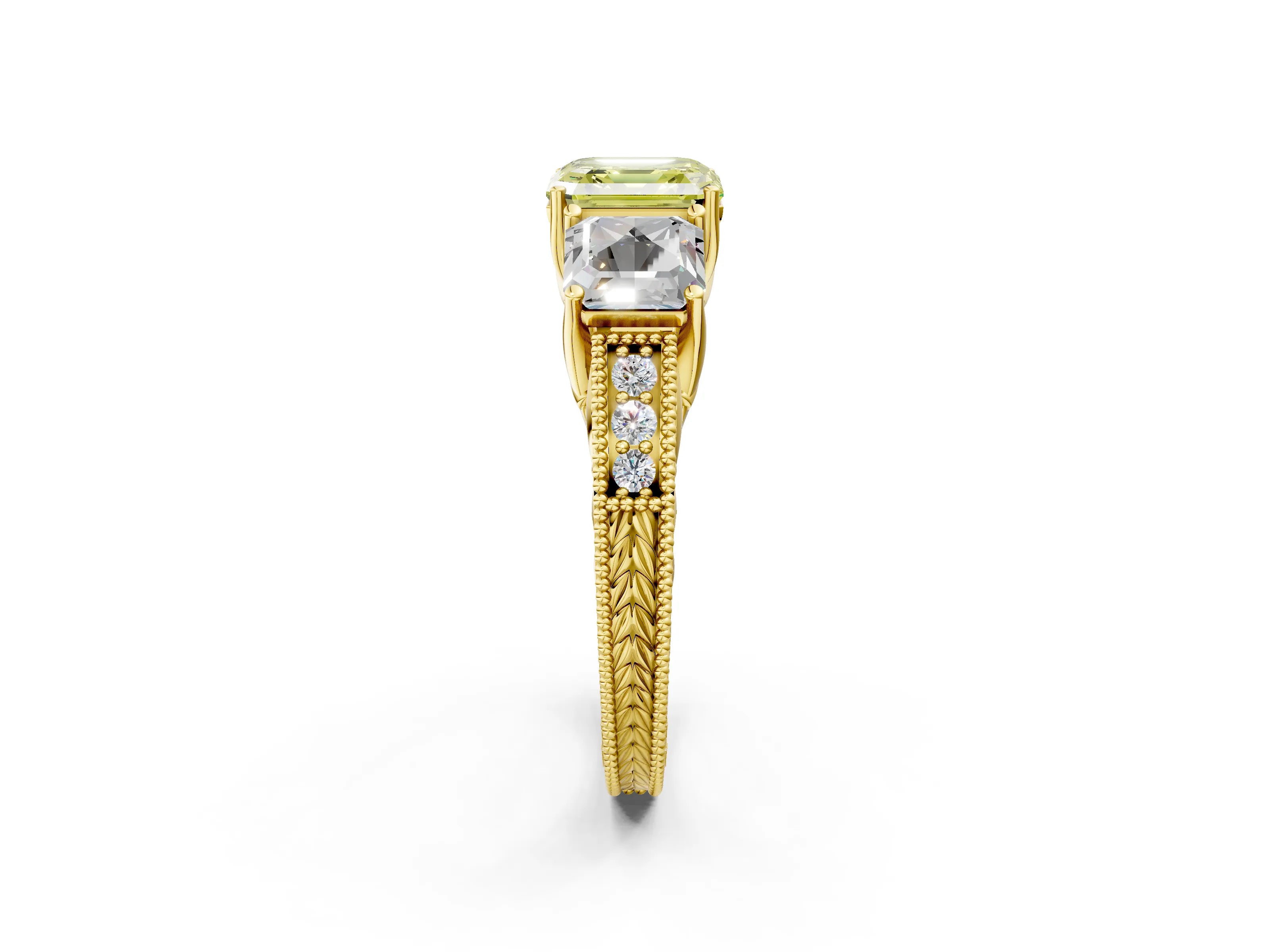Yellow gold Three-Stone Fancy Yellow Asscher Cut Cut Milgrain Pavé Engagement Ring_2