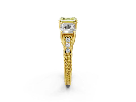 Yellow gold Three-Stone Fancy Yellow Asscher Cut Cut Milgrain Pavé Engagement Ring_2