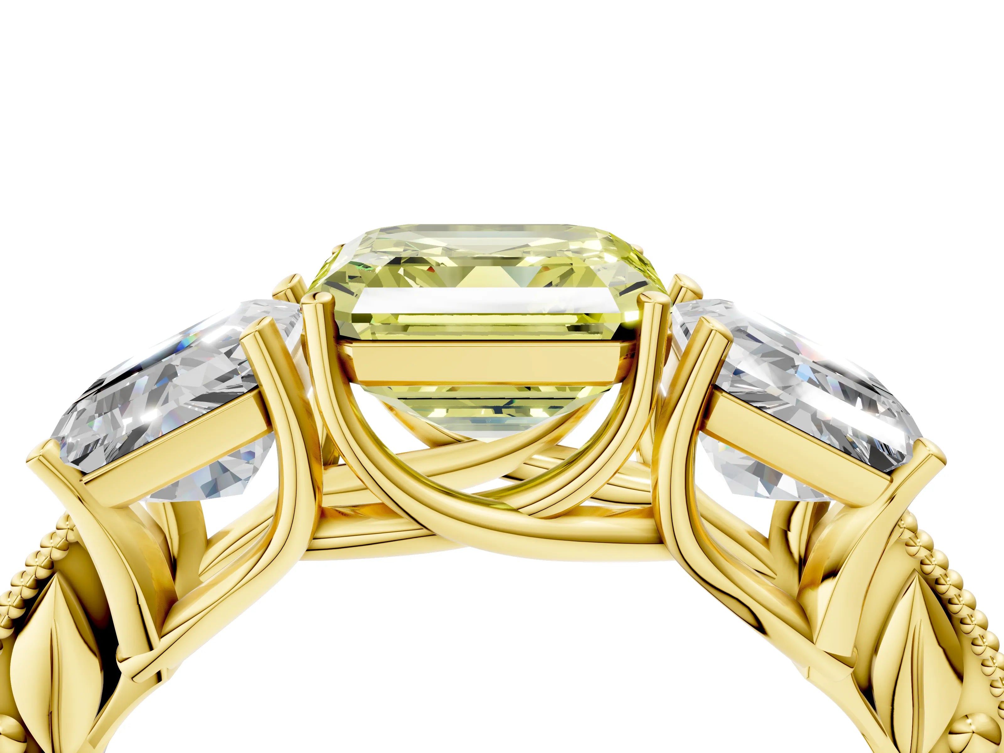 Yellow gold Three-Stone Fancy Yellow Asscher Cut Cut Milgrain Pavé Engagement Ring_4