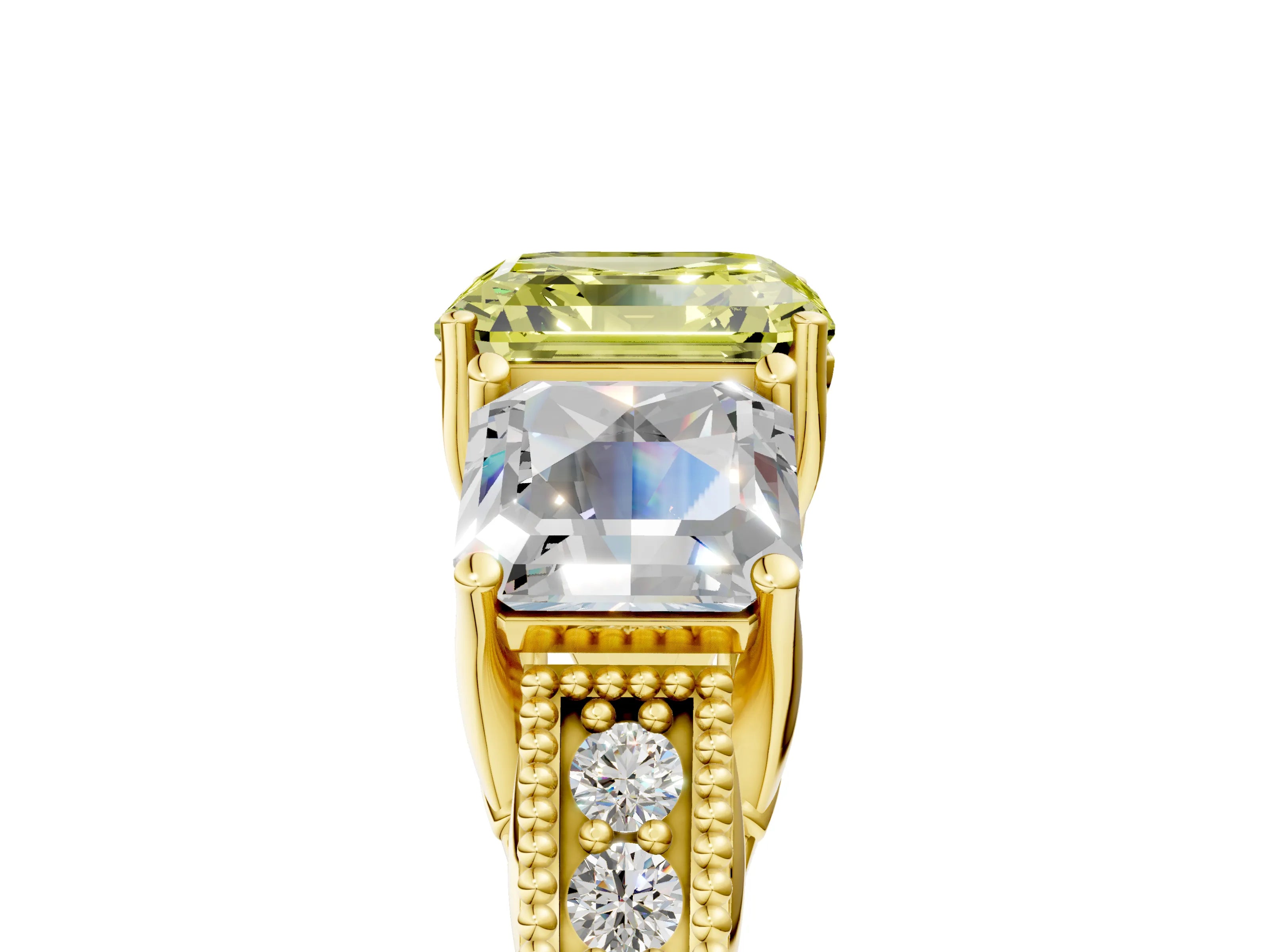 Yellow gold Three-Stone Fancy Yellow Asscher Cut Cut Milgrain Pavé Engagement Ring_5