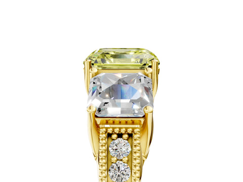 Yellow gold Three-Stone Fancy Yellow Asscher Cut Cut Milgrain Pavé Engagement Ring_5
