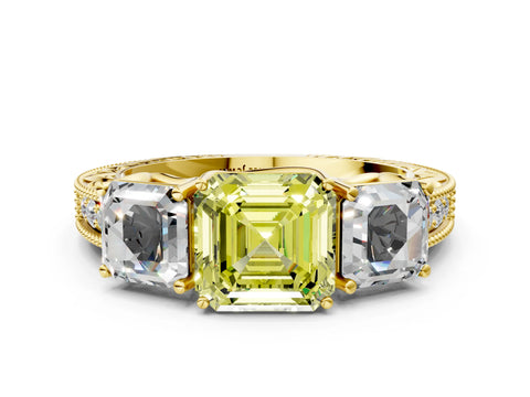 Yellow gold Three-Stone Fancy Yellow Asscher Cut Cut Milgrain Pavé Engagement Ring