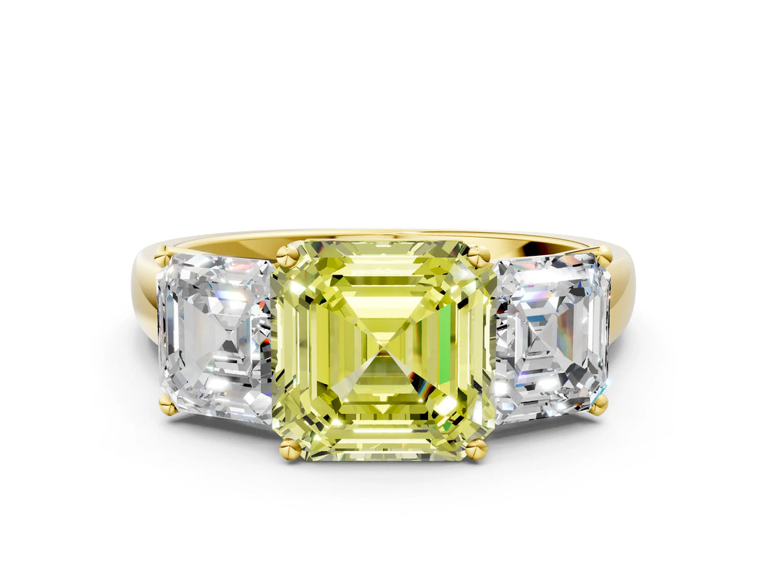 Yellow gold Three-Stone Fancy Yellow Asscher Cut Cut Solitaire Ring with Classic Prong Setting