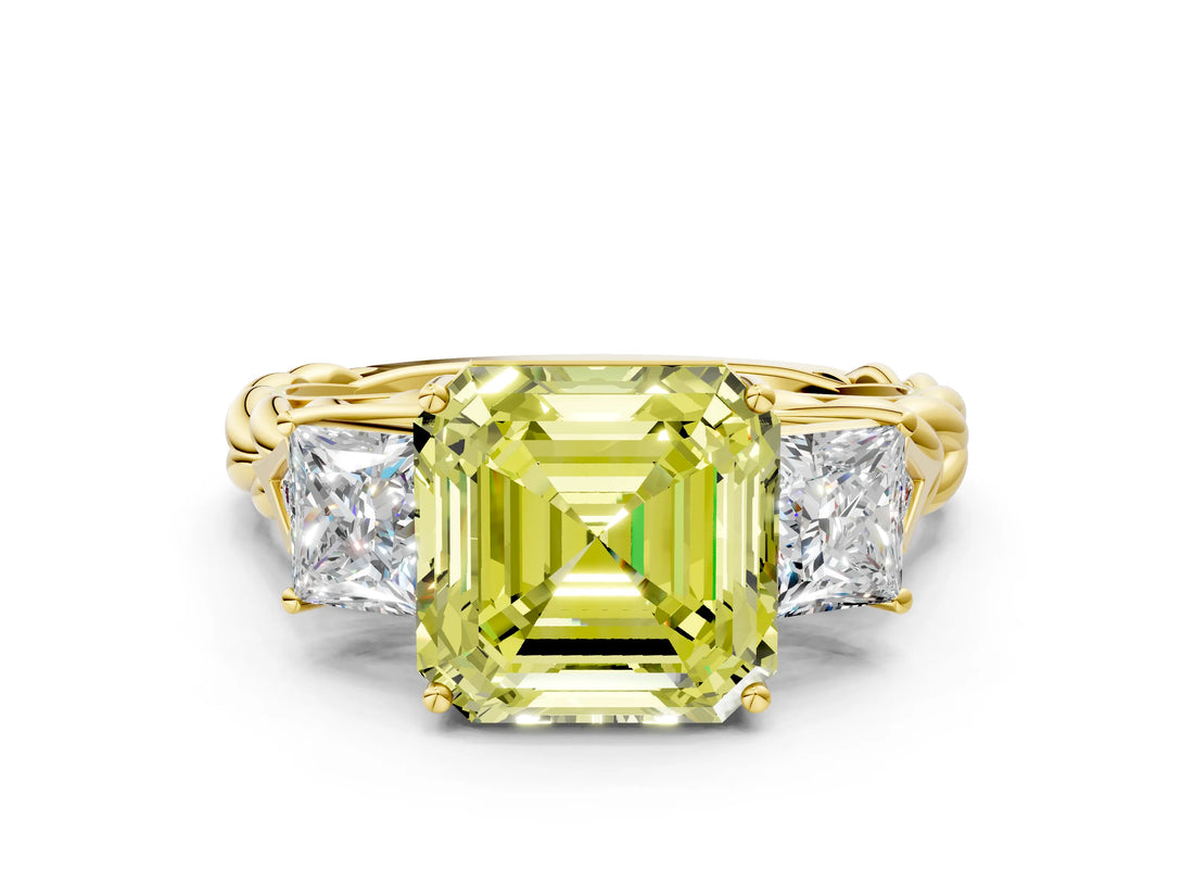 Yellow gold Three-Stone Fancy Yellow Asscher Cut Diamond Braided Band Ring with Four-Prong Setting_50