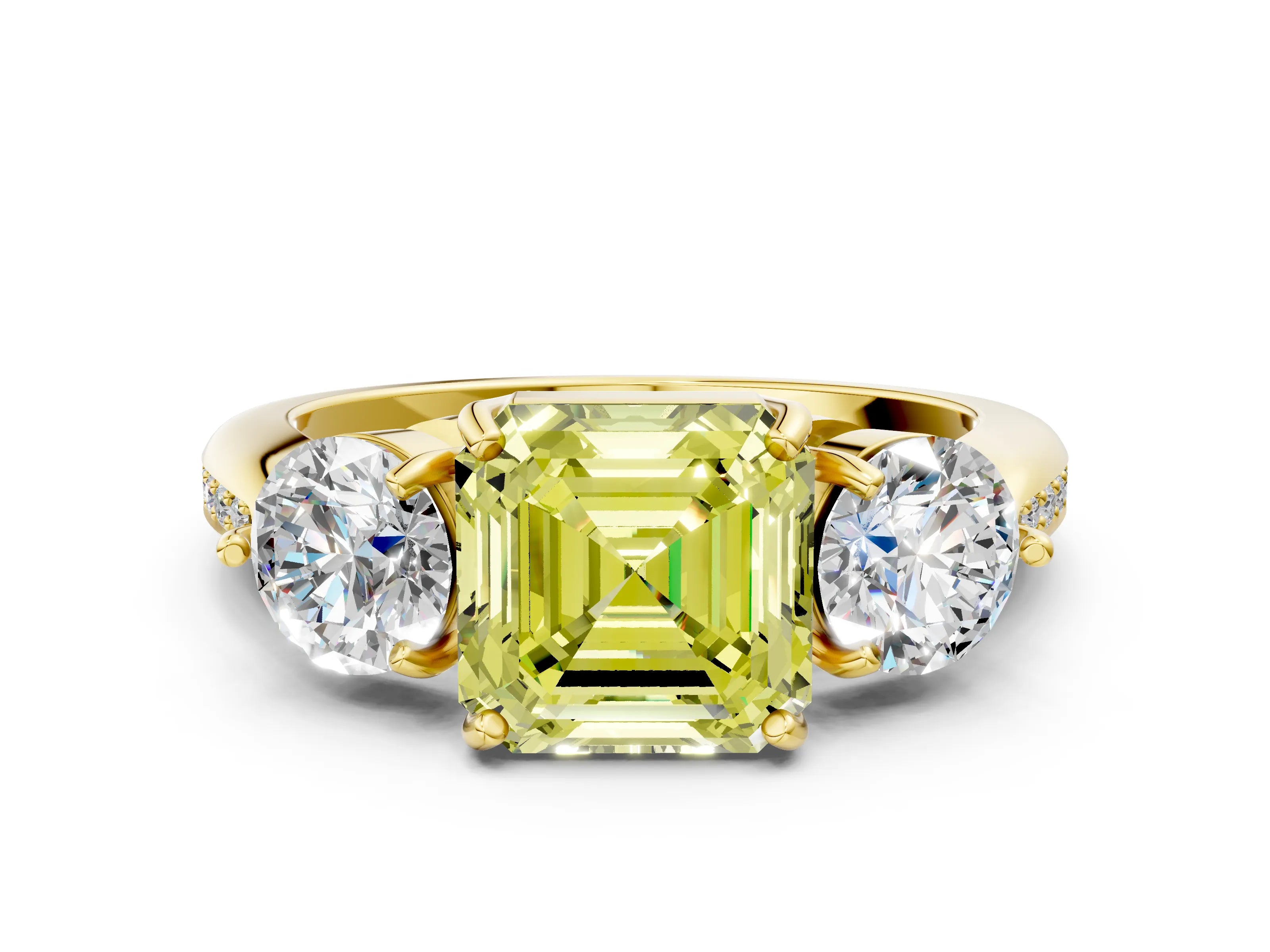 Yellow gold Three-Stone Fancy Yellow Asscher Cut Diamond Channel Set Engagement Ring with Prong Setting