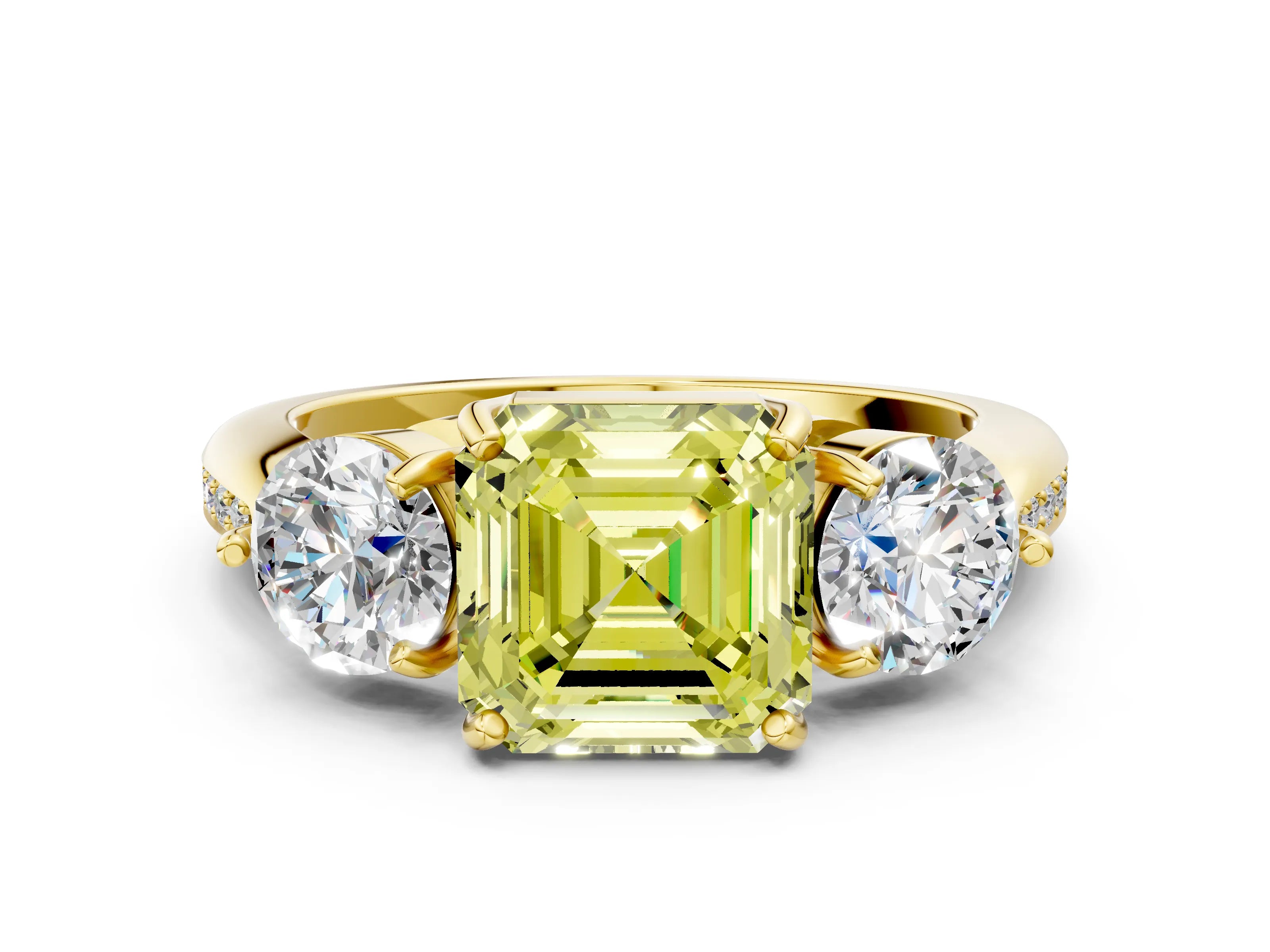 Yellow gold Three-Stone Fancy Yellow Asscher Cut Diamond Channel Set Engagement Ring with Prong Setting_12