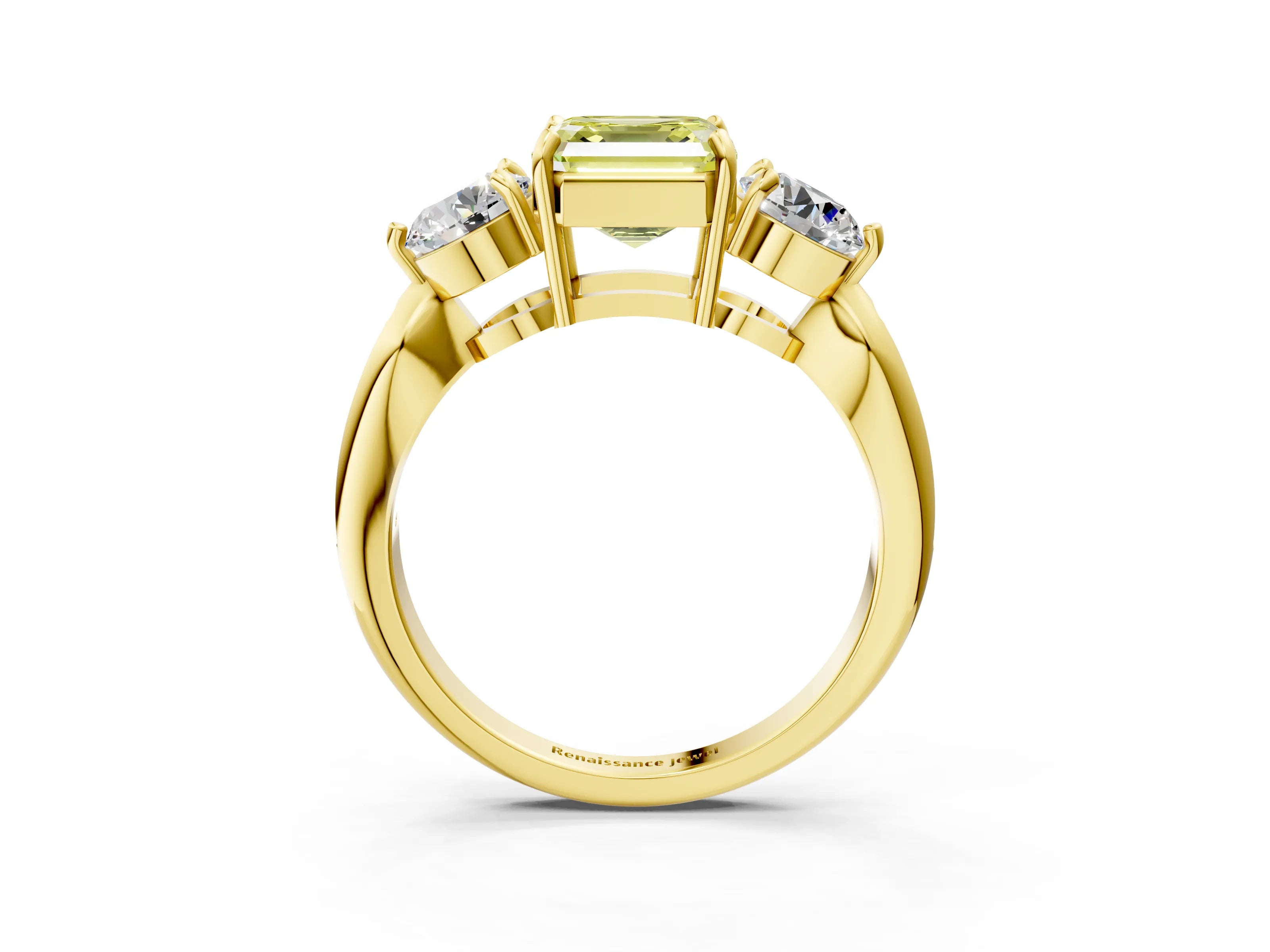 Yellow gold Three-Stone Fancy Yellow Asscher Cut Diamond Channel Set Engagement Ring with Prong Setting_15
