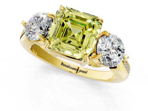 Yellow gold Three-Stone Fancy Yellow Asscher Cut Diamond Channel Set Engagement Ring with Prong Setting_1