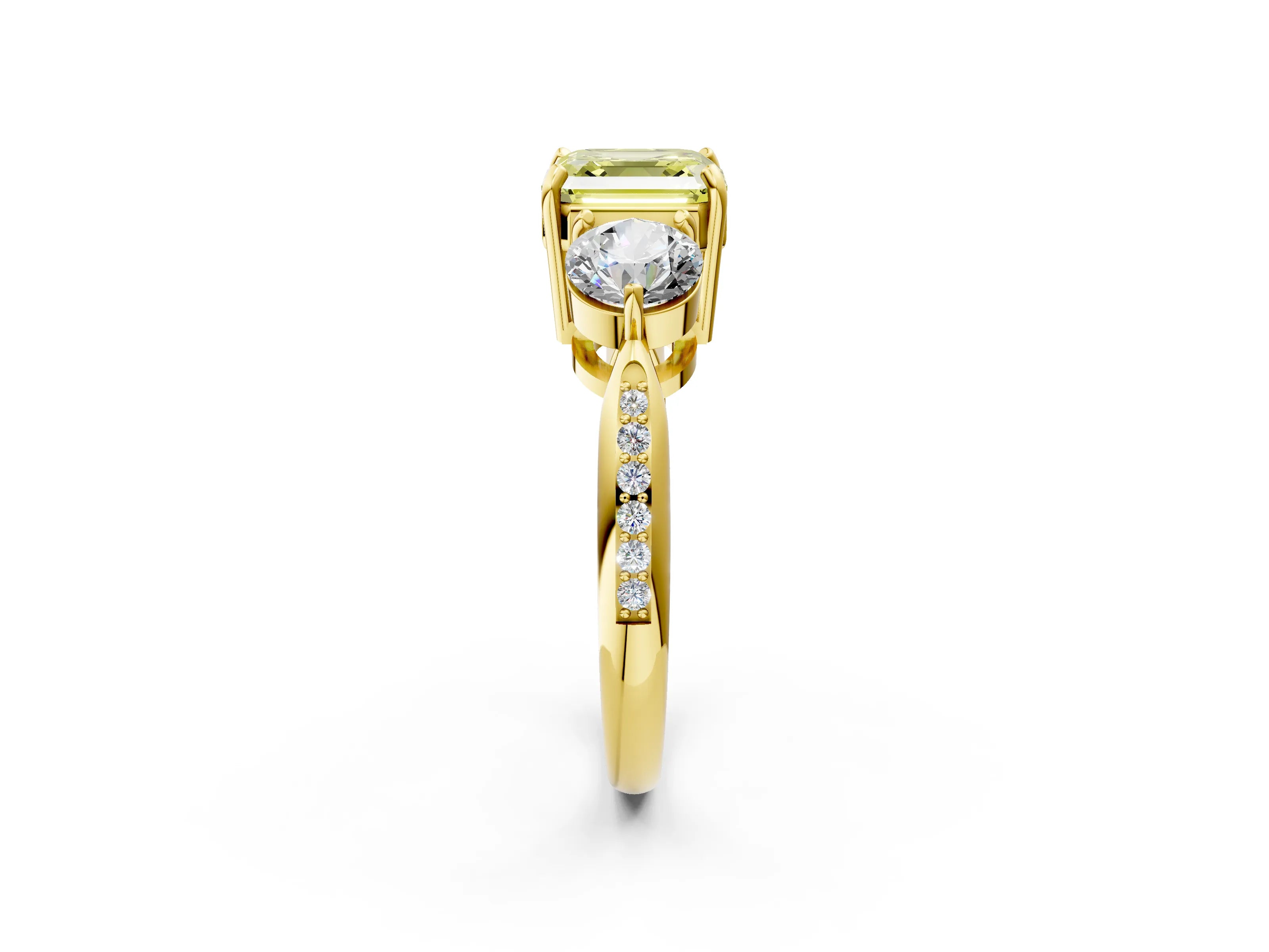 Yellow gold Three-Stone Fancy Yellow Asscher Cut Diamond Channel Set Engagement Ring with Prong Setting_2