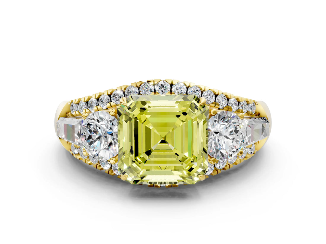 Yellow gold Three-Stone Fancy Yellow Asscher Cut Diamond Engagement Ring with Pave Band and Prong Setting
