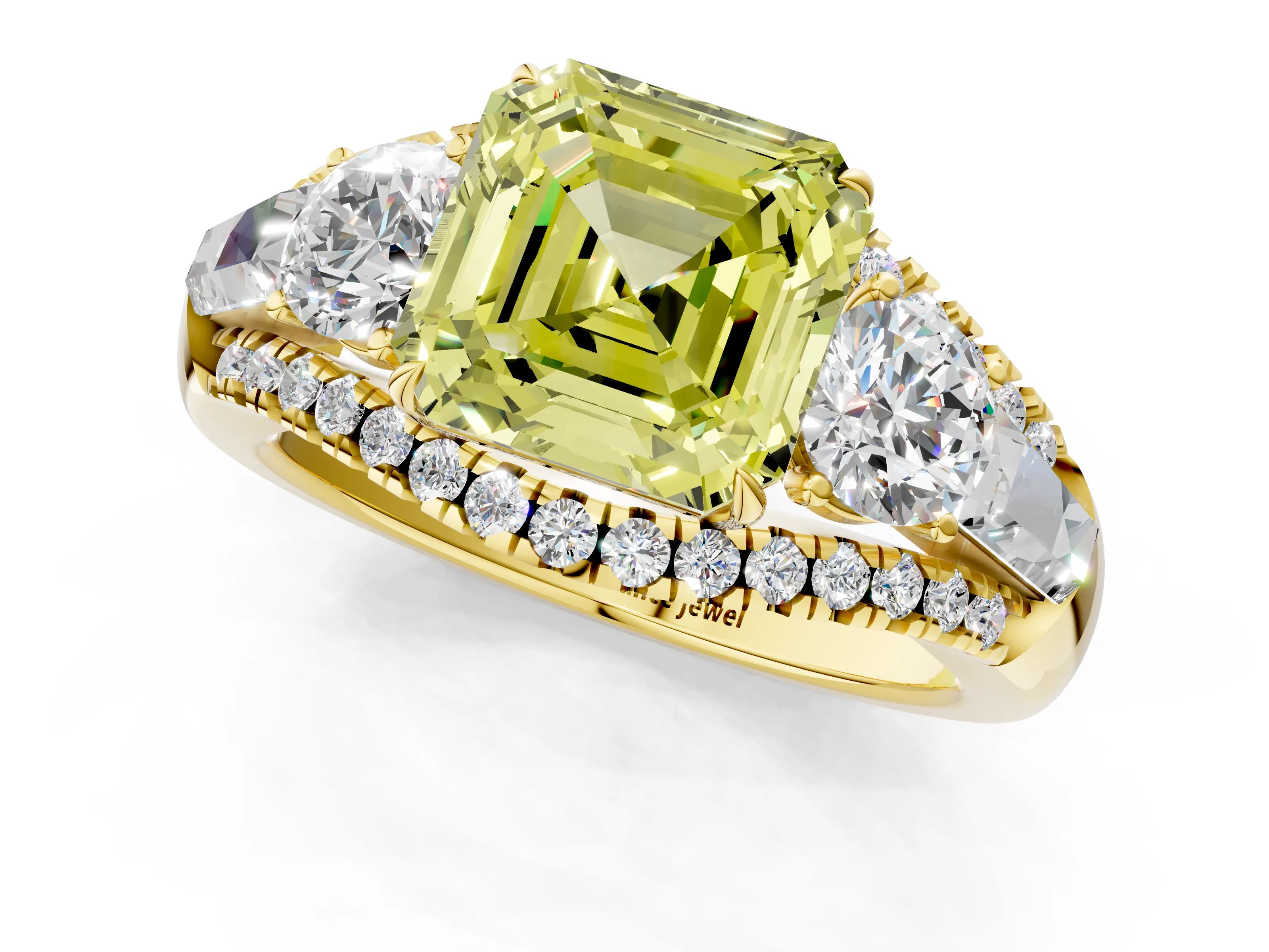 Yellow gold Three-Stone Fancy Yellow Asscher Cut Diamond Engagement Ring with Pave Band and Prong Setting_1