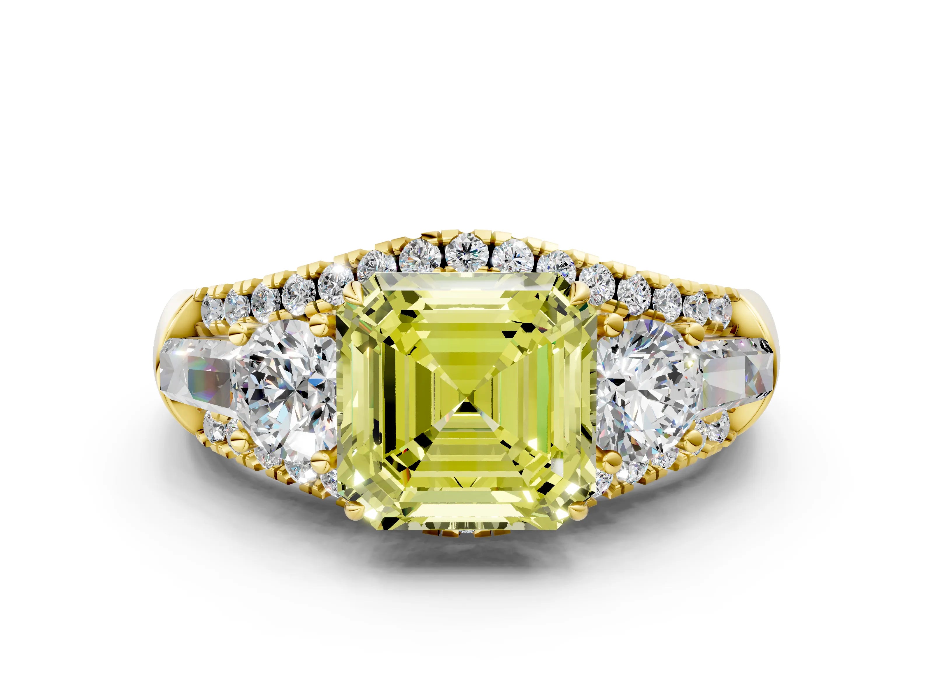 Yellow gold Three-Stone Fancy Yellow Asscher Cut Diamond Engagement Ring with Pave Band and Prong Setting_12