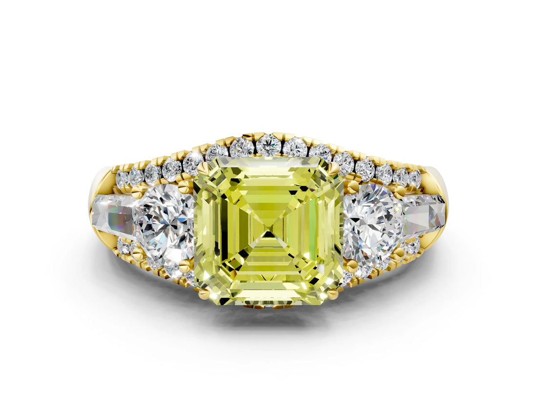 Yellow gold Three-Stone Fancy Yellow Asscher Cut Diamond Engagement Ring with Pave Band and Prong Setting_12