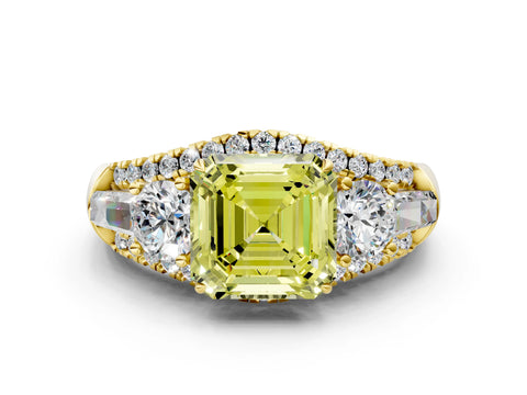 Yellow gold Three-Stone Fancy Yellow Asscher Cut Diamond Engagement Ring with Pave Band and Prong Setting_12