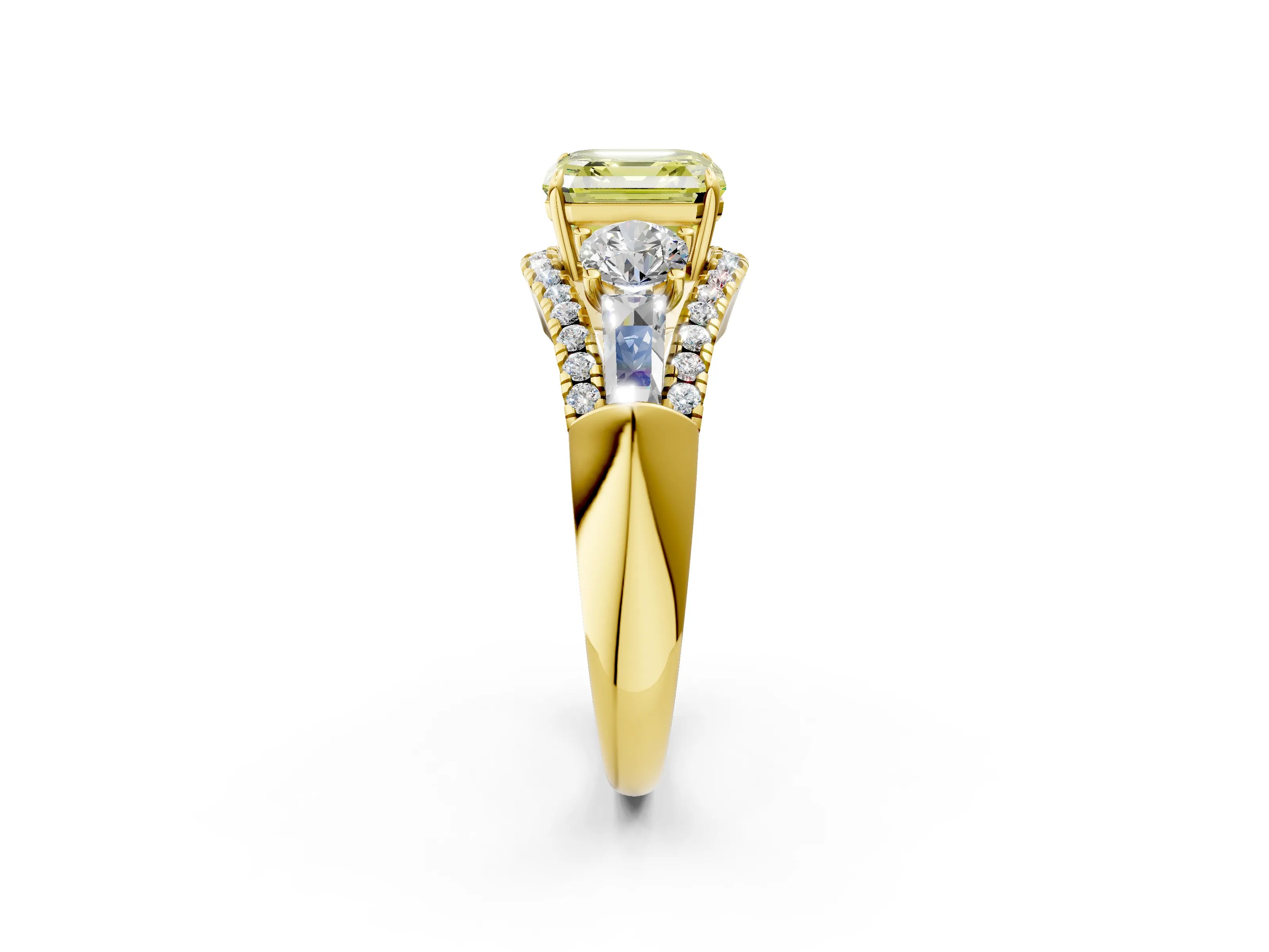 Yellow gold Three-Stone Fancy Yellow Asscher Cut Diamond Engagement Ring with Pave Band and Prong Setting_14