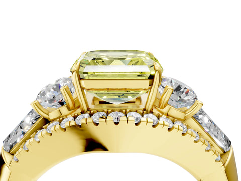 Yellow gold Three-Stone Fancy Yellow Asscher Cut Diamond Engagement Ring with Pave Band and Prong Setting_16