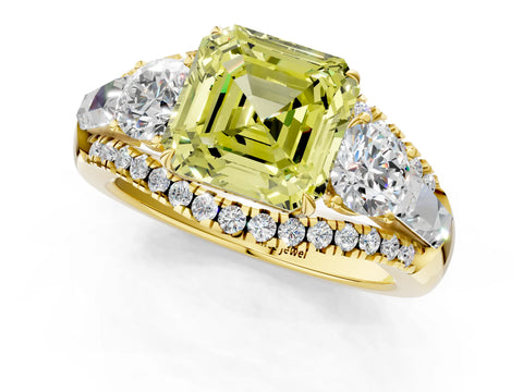 Yellow gold Three-Stone Fancy Yellow Asscher Cut Diamond Engagement Ring with Pave Band and Prong Setting_1