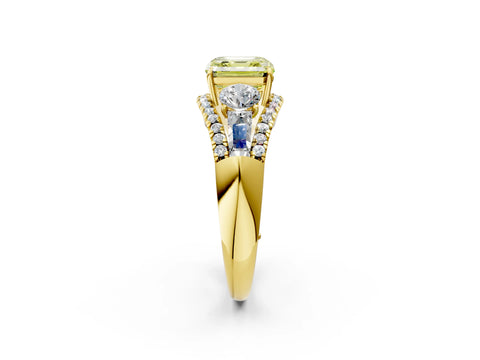 Yellow gold Three-Stone Fancy Yellow Asscher Cut Diamond Engagement Ring with Pave Band and Prong Setting_2