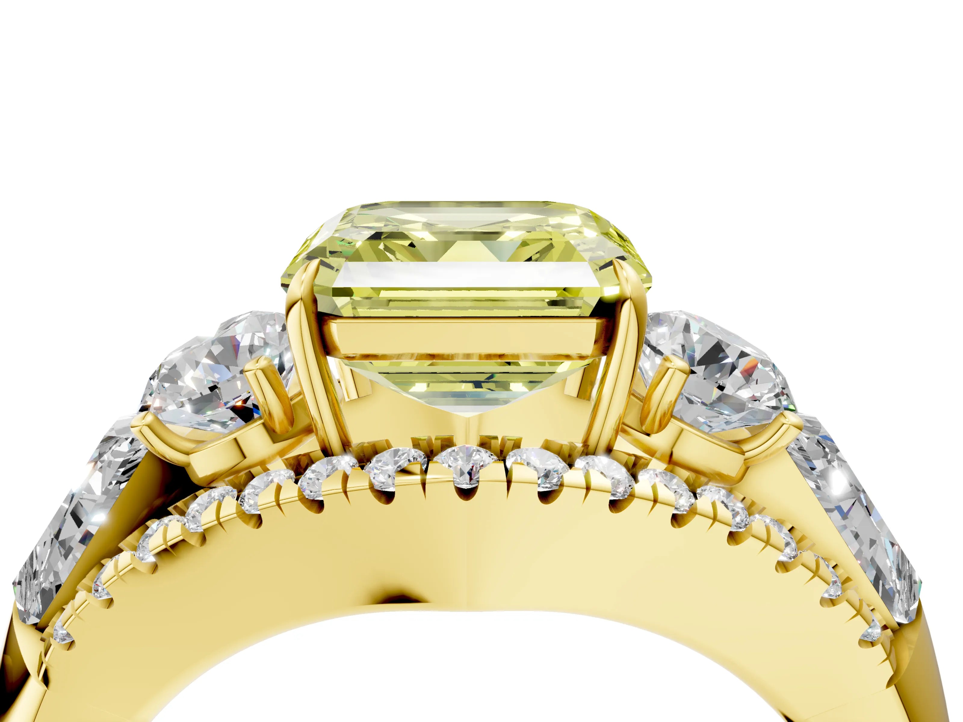 Yellow gold Three-Stone Fancy Yellow Asscher Cut Diamond Engagement Ring with Pave Band and Prong Setting_4