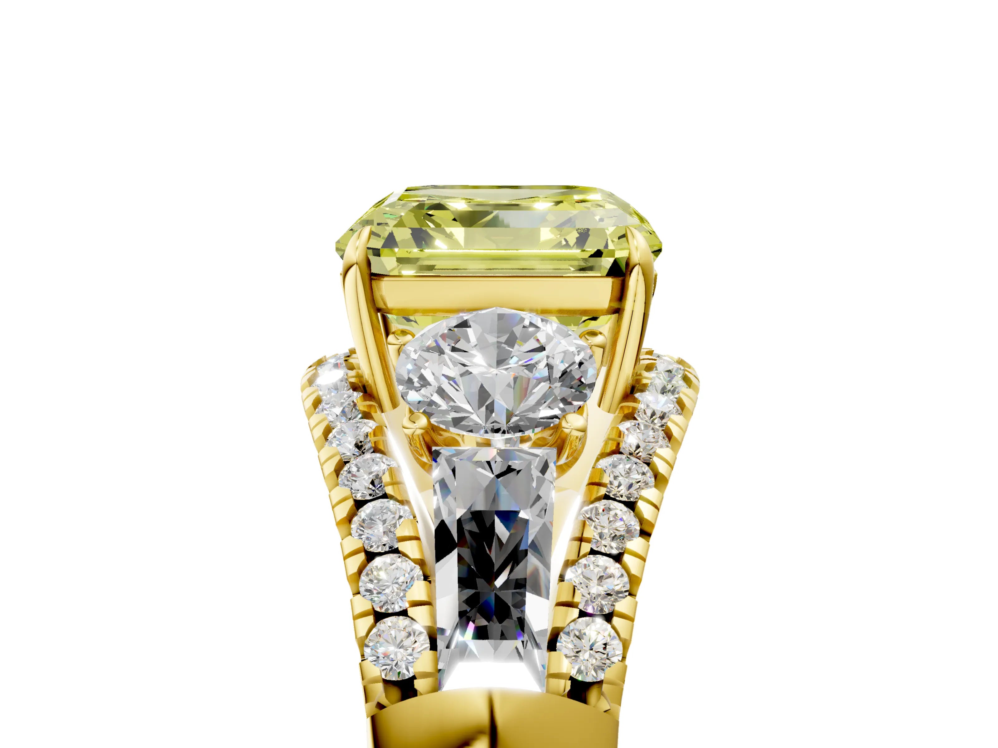 Yellow gold Three-Stone Fancy Yellow Asscher Cut Diamond Engagement Ring with Pave Band and Prong Setting_5