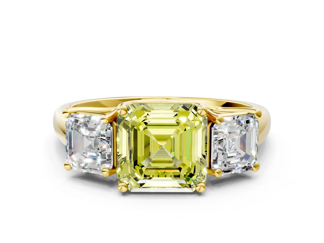 Yellow gold Three-Stone Fancy Yellow Asscher Cut Diamond Engagement Ring with Prong Setting_3