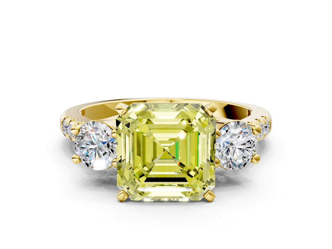 Yellow gold Three-Stone Fancy Yellow Asscher  Cut Diamond Pavé Band with Four-Prong Setting