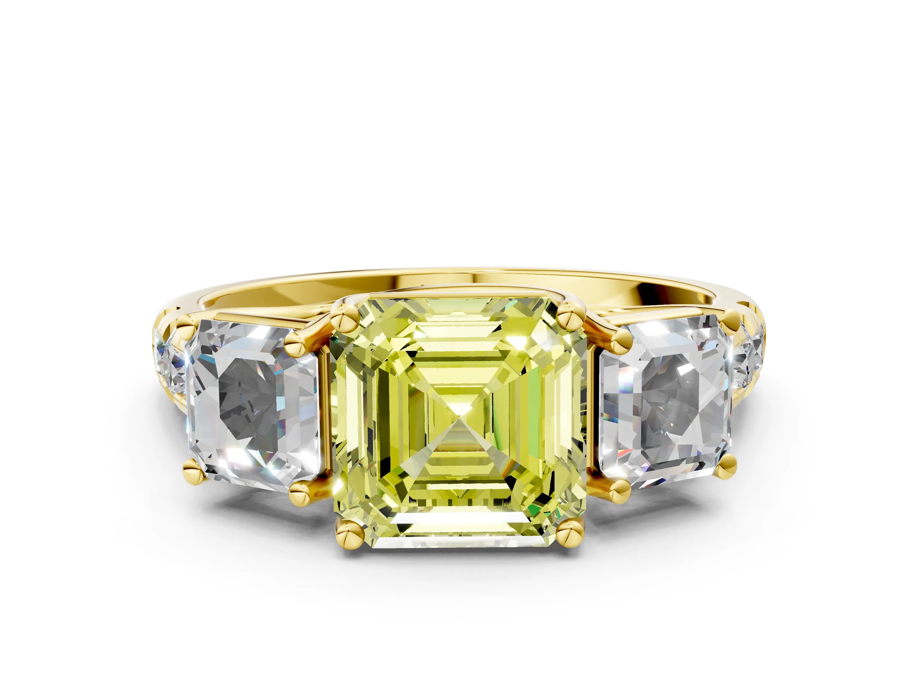 Yellow gold Three-Stone Fancy Yellow Asscher Cut Diamond Pavé Band with Prong Setting