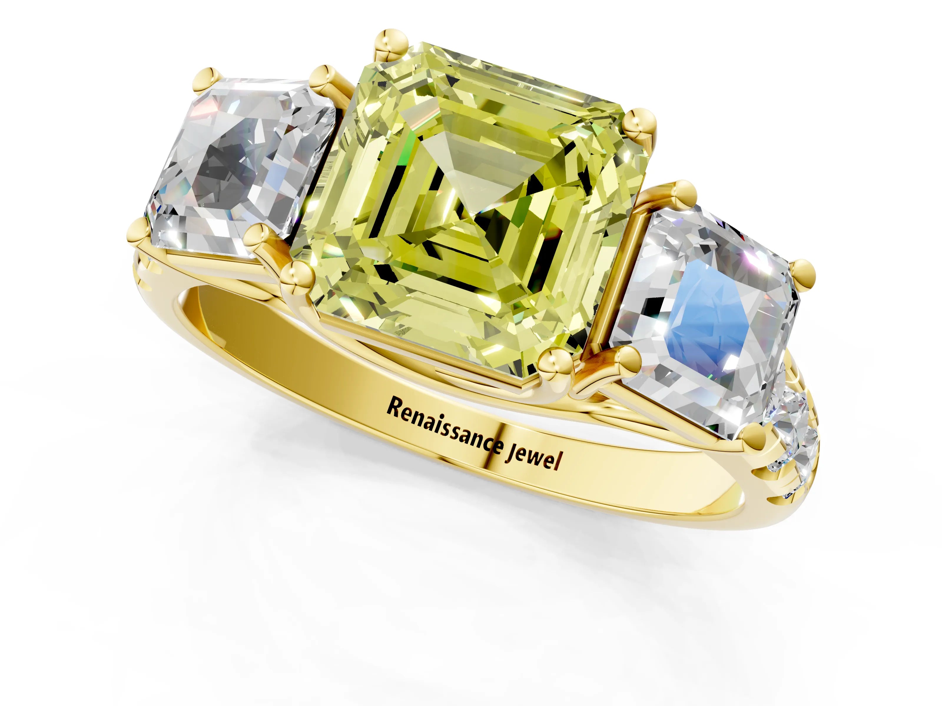 Yellow gold Three-Stone Fancy Yellow Asscher Cut Diamond Pavé Band with Prong Setting_1