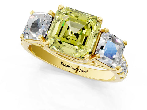 Yellow gold Three-Stone Fancy Yellow Asscher Cut Diamond Pavé Band with Prong Setting_1