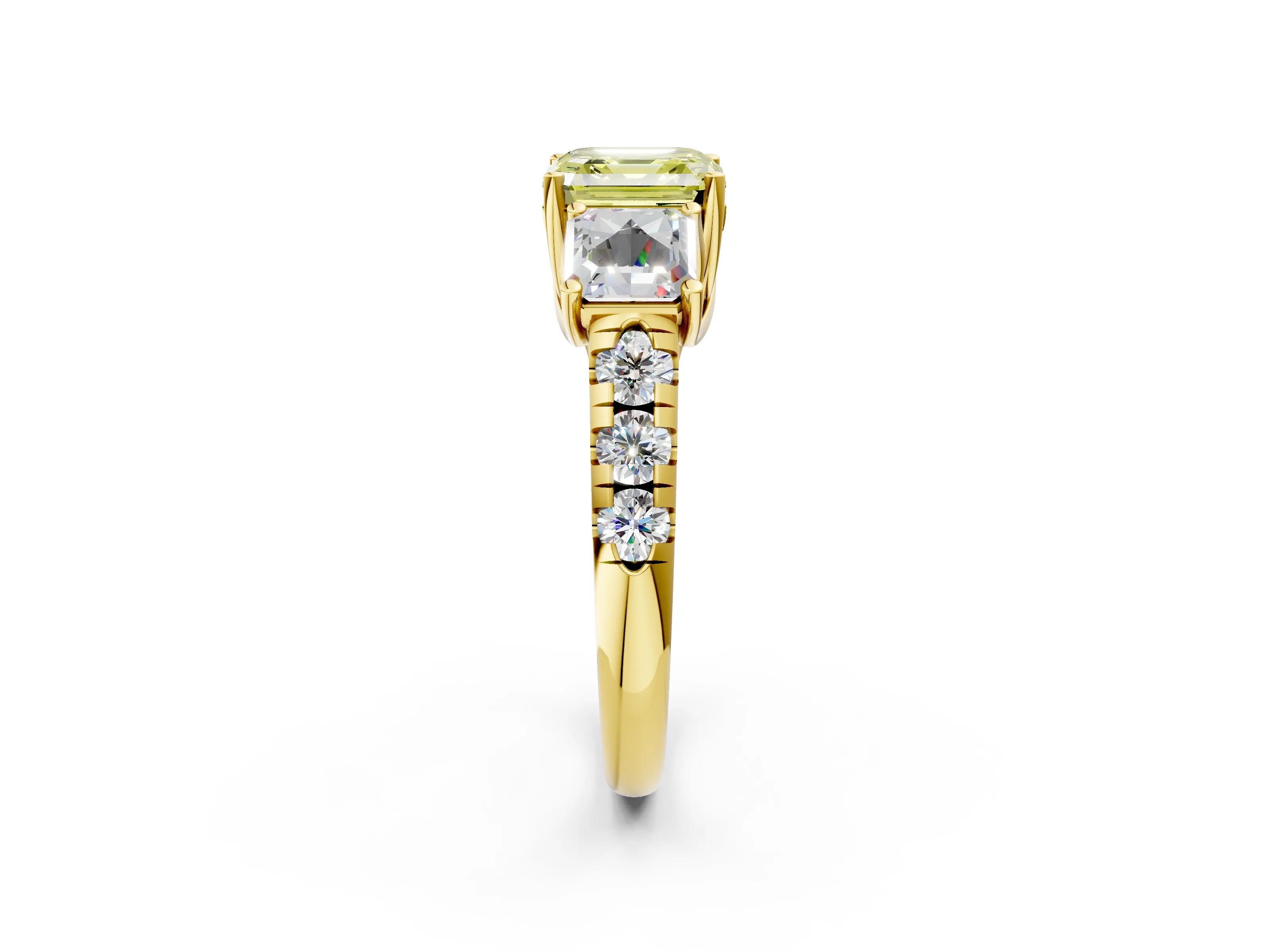 Yellow gold Three-Stone Fancy Yellow Asscher Cut Diamond Pavé Band with Prong Setting_2