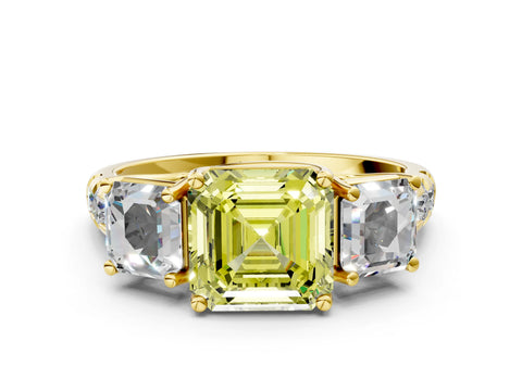 Yellow gold Three-Stone Fancy Yellow Asscher Cut Diamond Pavé Band with Prong Setting