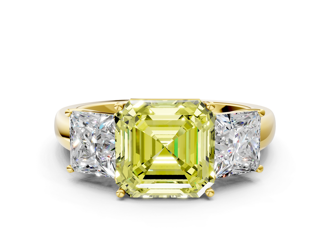 Yellow gold Three-Stone Fancy Yellow Asscher  Cut Diamond Ring with Channel-Set Band and Four-Prong Setting_17