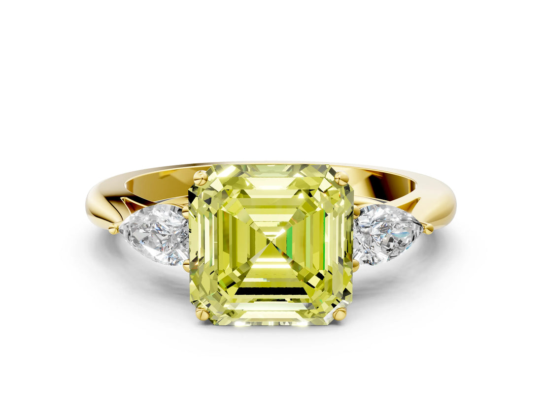 Yellow gold Three-Stone Fancy Yellow Asscher Cut Diamond Ring with Pear  Side Stones in Four-Prong Setting_48