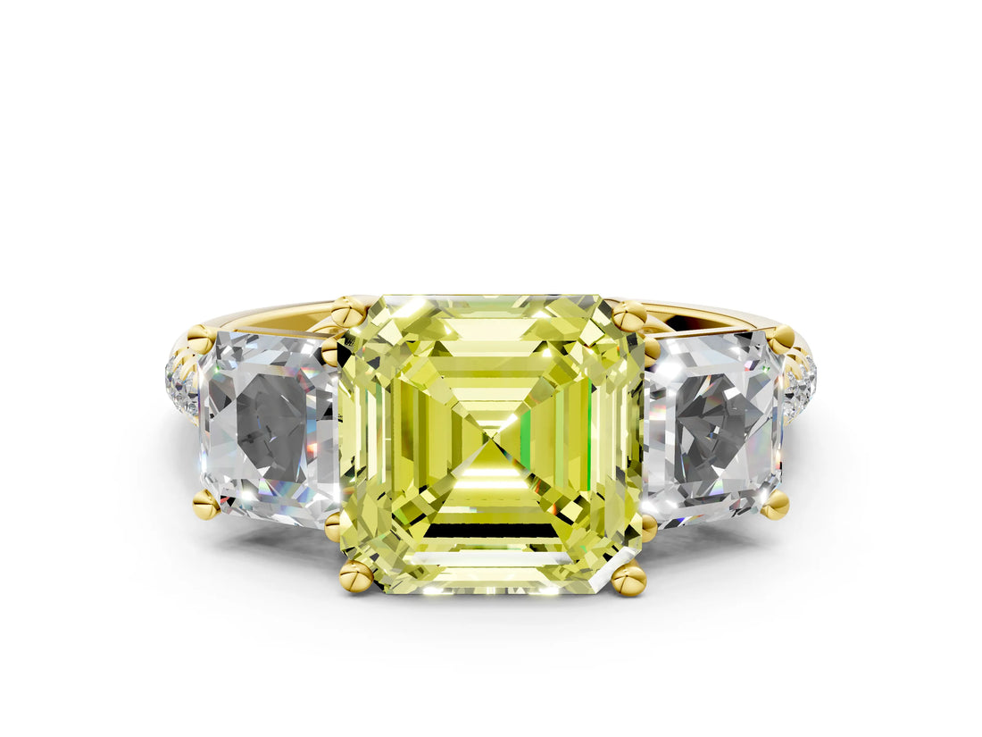 Yellow gold Three-Stone Fancy Yellow Asscher Cut Diamond Ring with Round  Pavé Band and Prong Setting_12