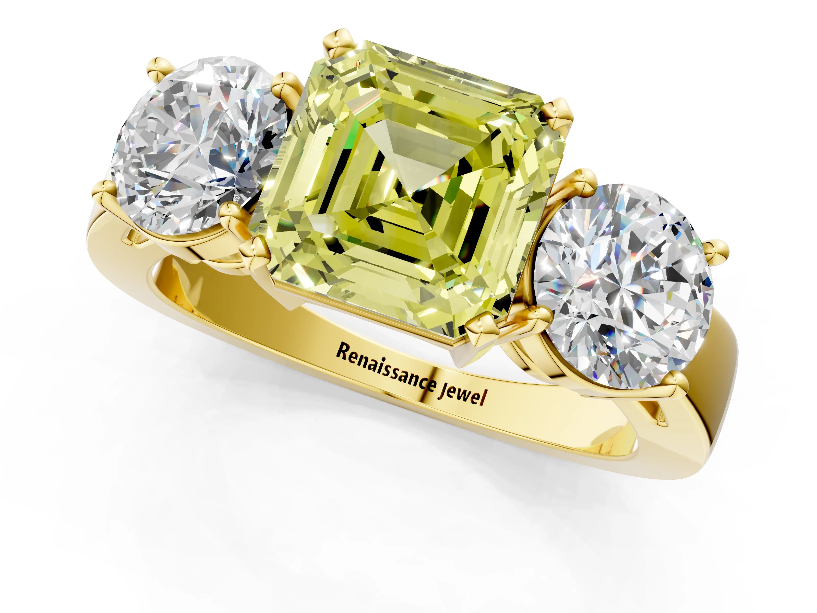 Yellow gold Three-Stone Fancy Yellow Asscher Cut Diamond Ring with Round Side Stones, Classic Band, and Four-Prong Setting_1