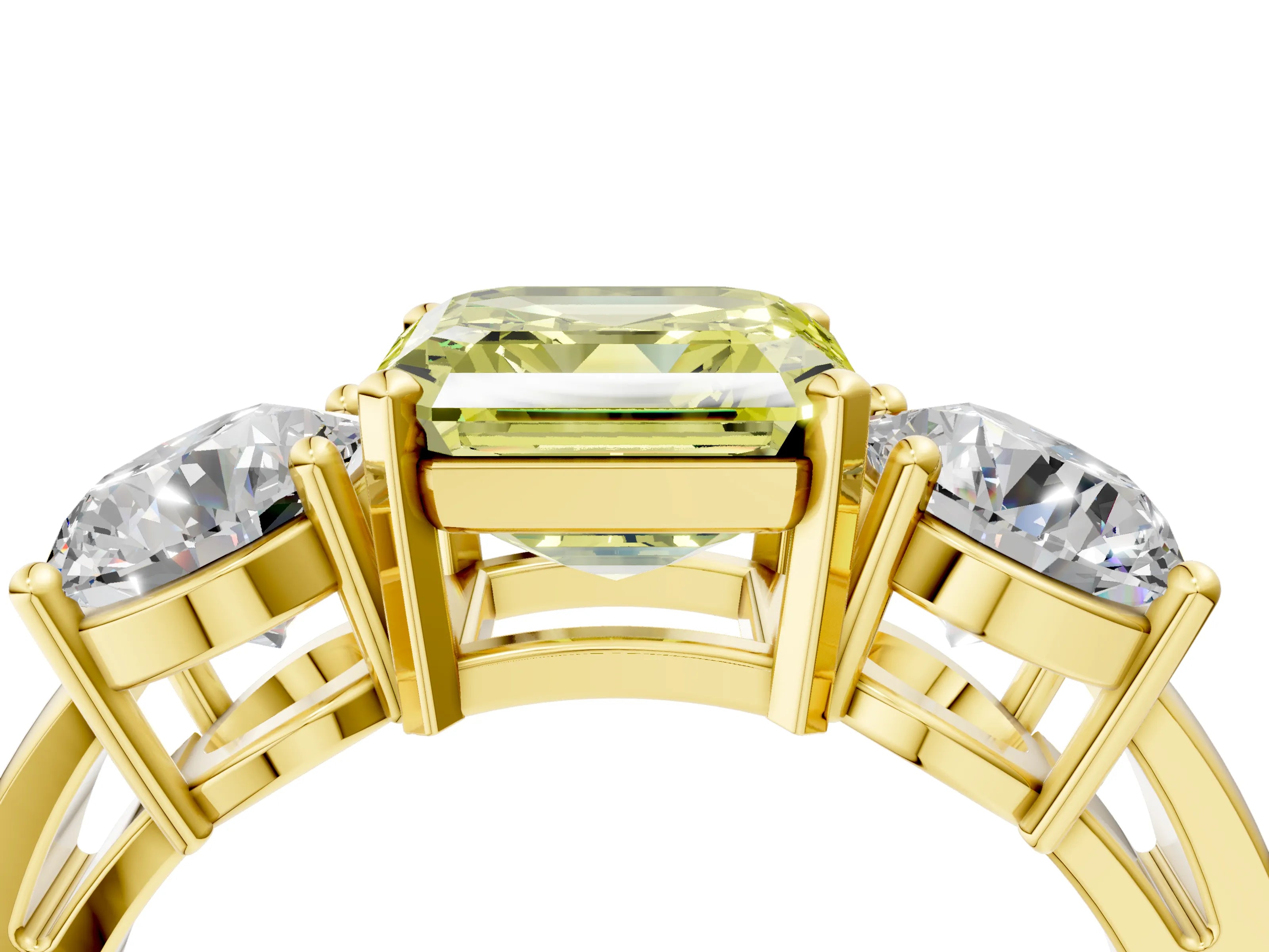Yellow gold Three-Stone Fancy Yellow Asscher Cut Diamond Ring with Round Side Stones, Classic Band, and Four-Prong Setting_4
