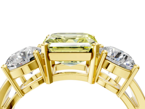 Yellow gold Three-Stone Fancy Yellow Asscher Cut Diamond Ring with Round Side Stones, Classic Band, and Four-Prong Setting_4