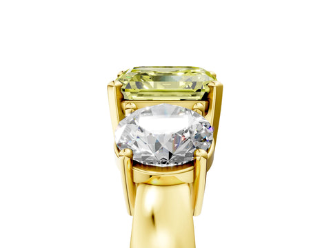 Yellow gold Three-Stone Fancy Yellow Asscher Cut Diamond Ring with Round Side Stones, Classic Band, and Four-Prong Setting_5