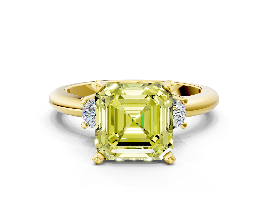 Yellow gold Three-Stone Fancy Yellow Asscher  Cut Diamond Solitaire with Prong Setting and Classic Band